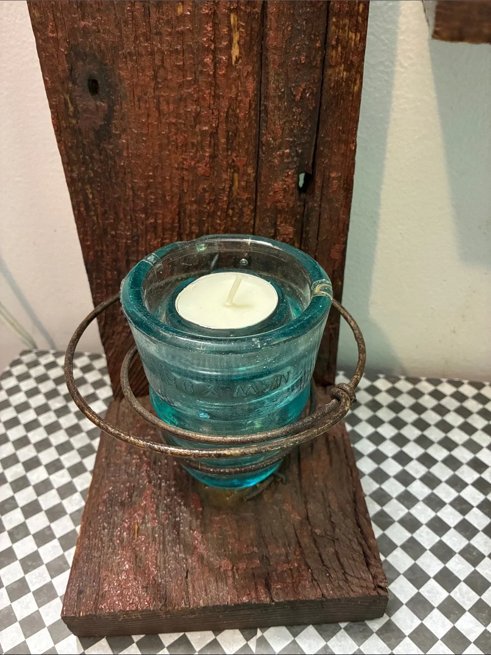 Rustic Wood Wall Sconces with Aqua Glass ( insulators) Votive Holders